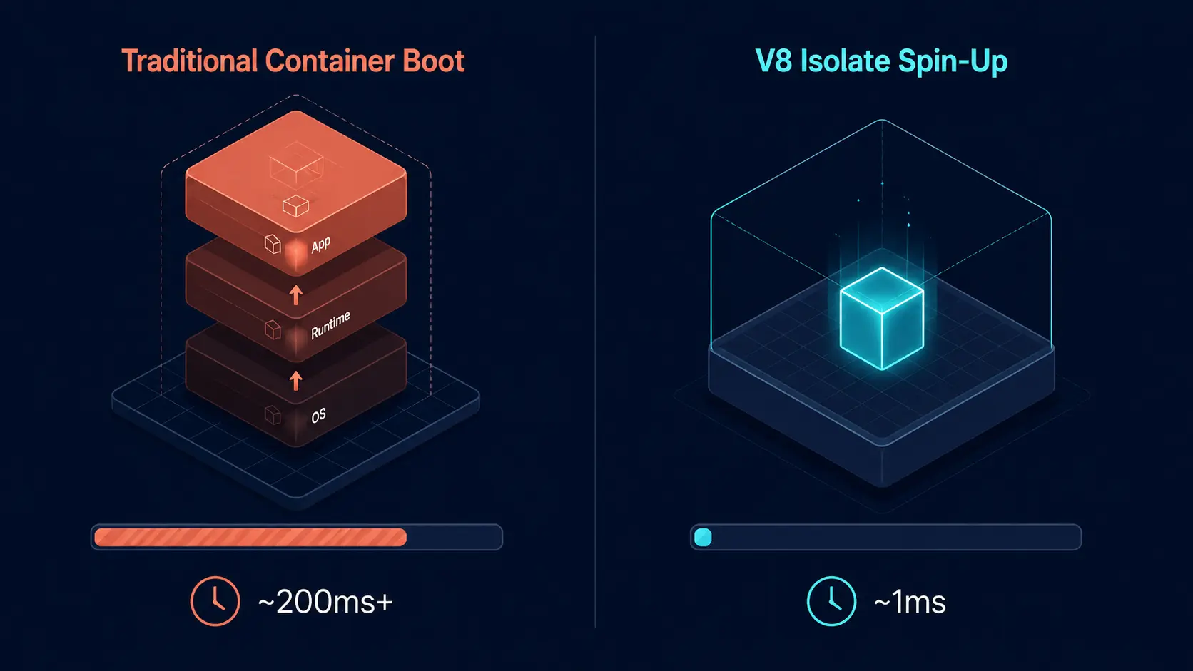 Container boot vs. Isolate spin-up: a heavyweight container stacking OS layers over ~200ms next to a V8 Isolate appearing instantly in an already-running engine